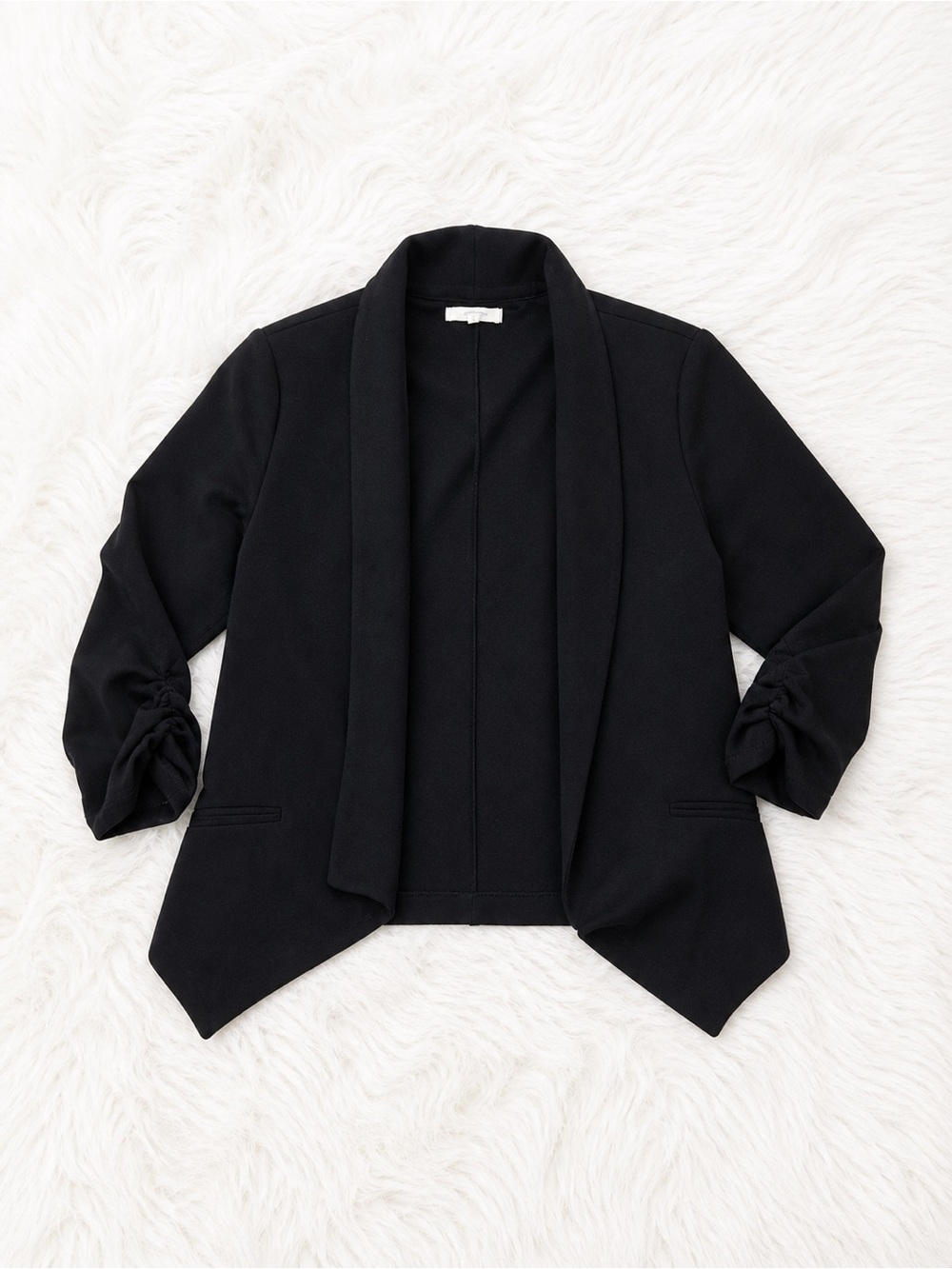 Maurices Black Ruched Sleeve Blazer Size Small Open Front Career Chic Office